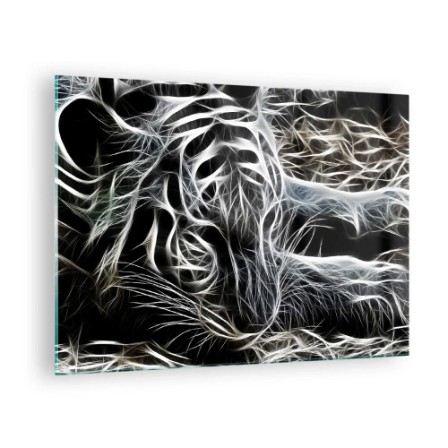Glasbild - Bild auf glas - Abstrakter Tiger in leuchtenden Linien auf schwarzem Hintergrund - 70x50cm - Eine Studie über die Leichtigkeit der Katze - Moderne Wanddekoration für Wohnzimmer und Schlafzimmer ARTTOR