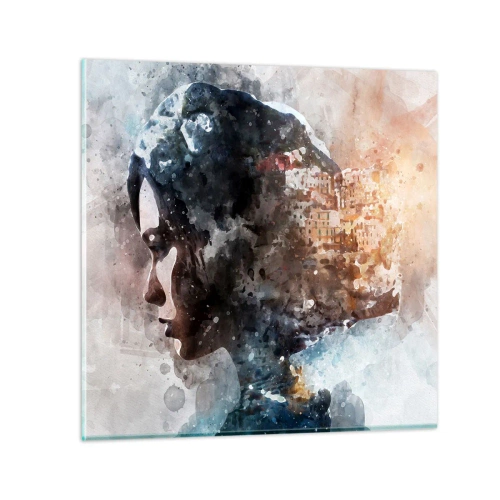 Glasbild - Bild auf glas - Eine Geschichte über ein Mädchen mit einer Stadt im Hintergrund - 60x60 cm