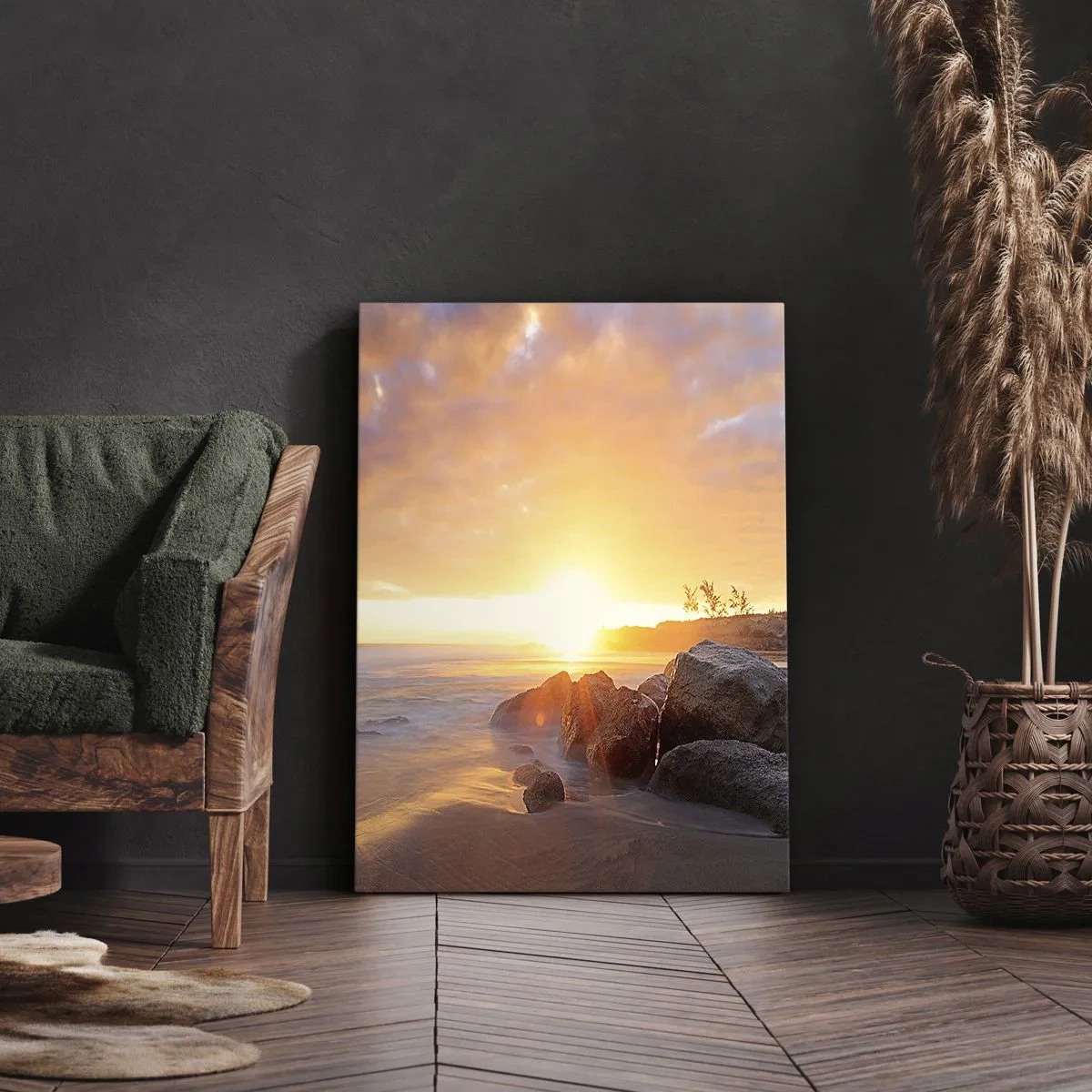 Bild auf Leinwand - Leinwandbild - Sonnenuntergang über der felsigen Küste - 50x70cm - Leuchtende Brise des Abends - Moderne Wanddekoration für Wohnzimmer und Schlafzimmer ARTTOR