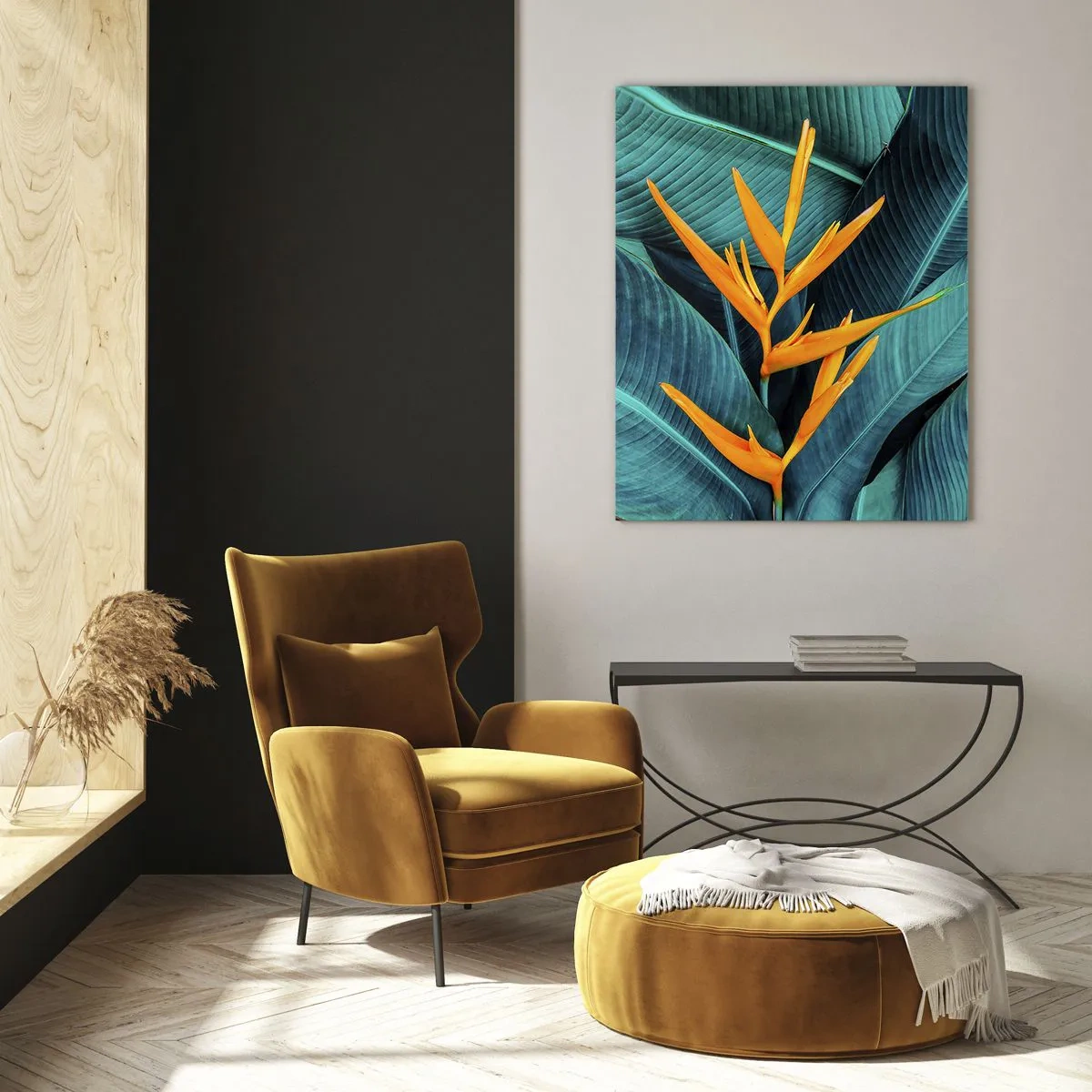 Glasbild - Bild auf glas - Eine exotische Blume vor einem Hintergrund aus großen grünen Blättern. - 50x70cm - Eden-Blume - Moderne Wanddekoration für Wohnzimmer und Schlafzimmer ARTTOR