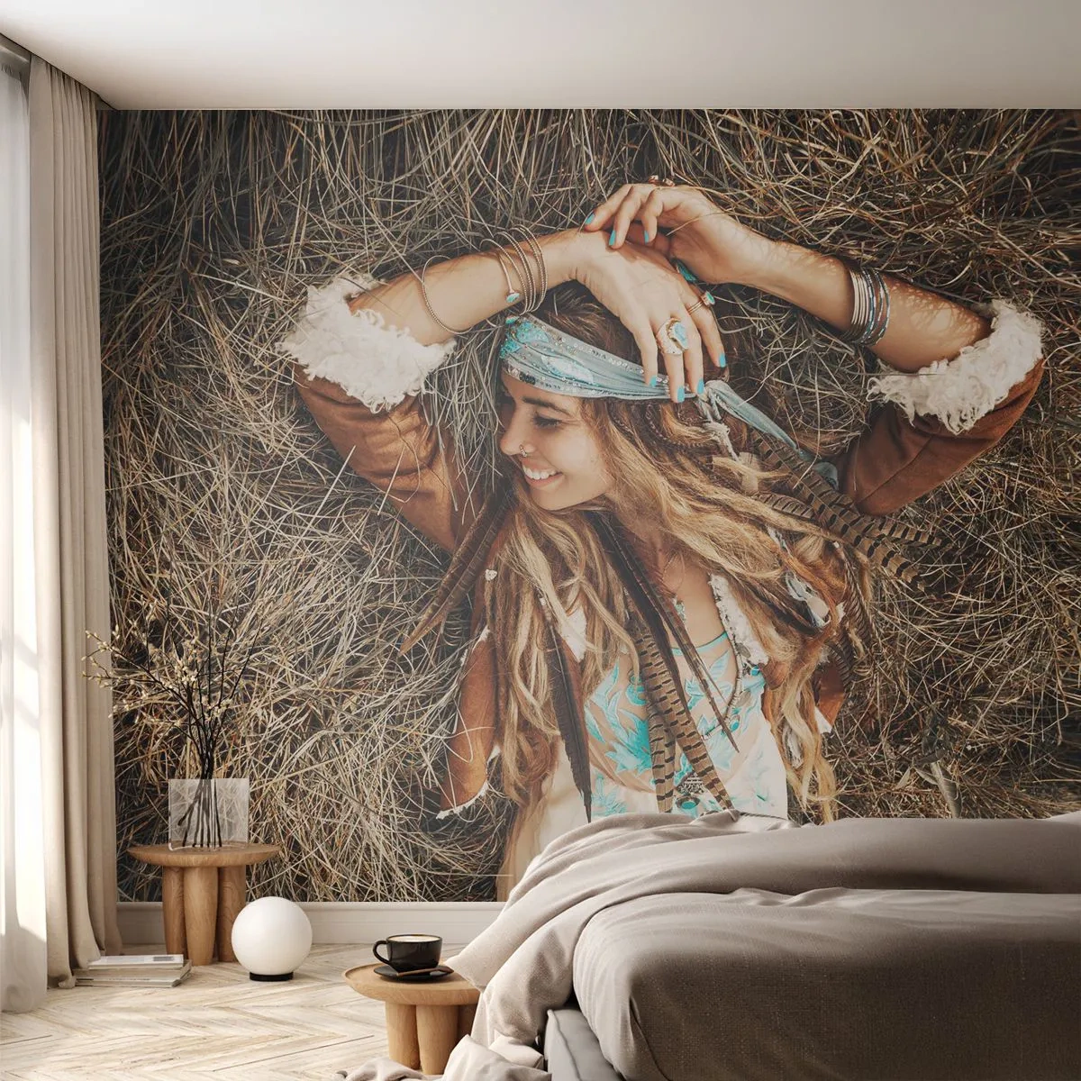 Fototapete Premium Canvas - Auf dem Weg in den Sommer der Liebe - Boho, Frau, Schmuck - 350x256 cm