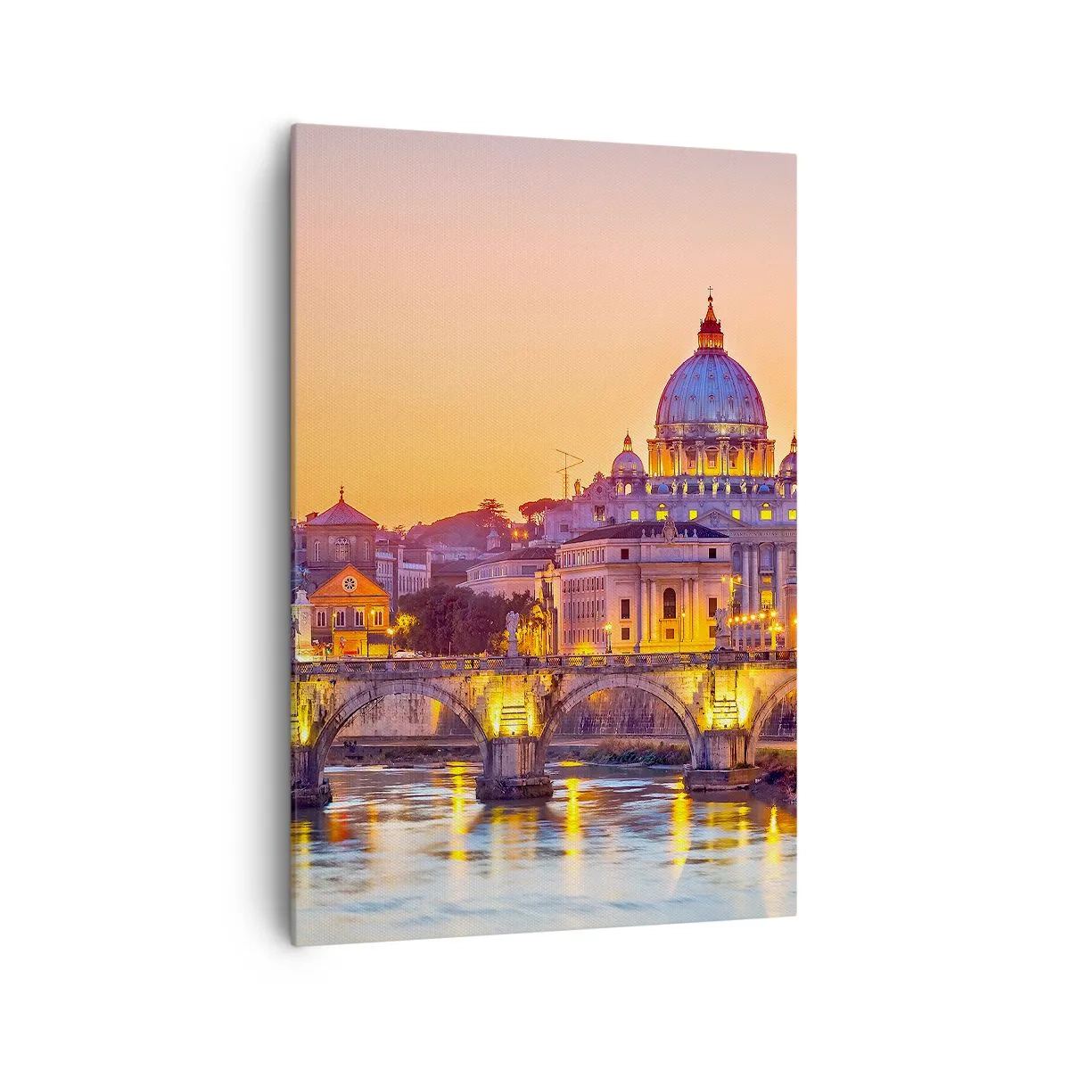 Bild auf Leinwand - Leinwandbild - Panorama des Vatikans bei Sonnenuntergang mit einer Brücke über den Fluss - 70x100cm - Sonnenuntergang über der ewigen Stadt - Moderne Wanddekoration für Wohnzimmer und Schlafzimmer ARTTOR