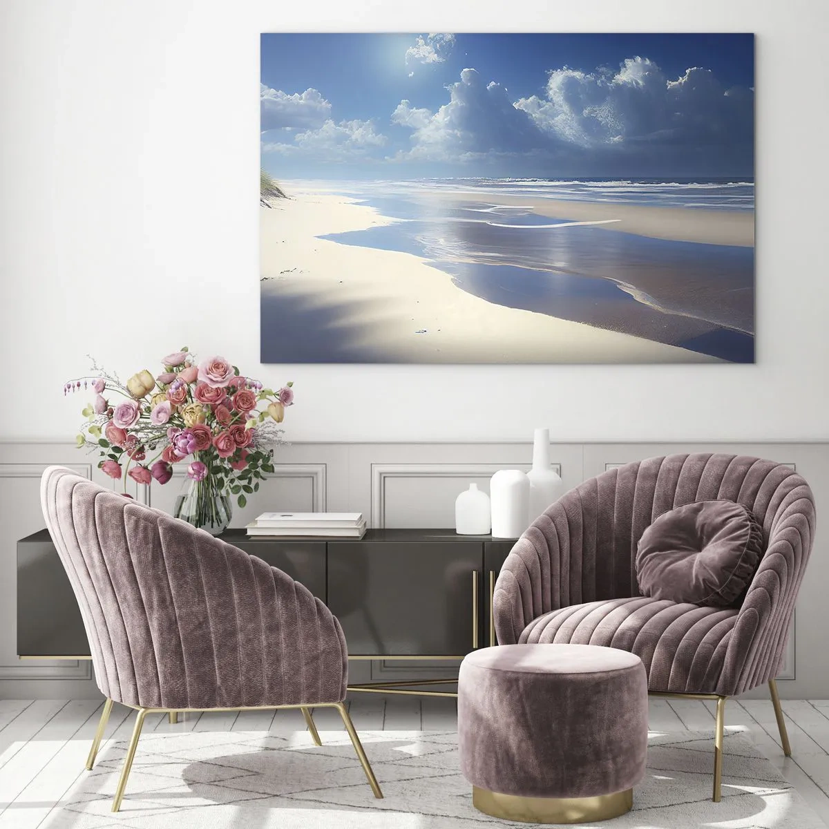 Glasbild - Bild auf glas - Ein breiter Sandstrand und ruhige Wellen unter blauem Himmel - 120x80cm - Paradiesischer Urlaub - Moderne Wanddekoration für Wohnzimmer und Schlafzimmer ARTTOR