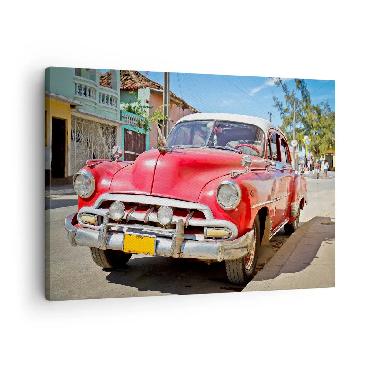 Bild auf Leinwand - Leinwandbild - Ein roter Oldtimer, der an einem sonnigen Tag auf der Straße geparkt ist - 70x50cm - Nur in Kuba - Moderne Wanddekoration für Wohnzimmer und Schlafzimmer ARTTOR