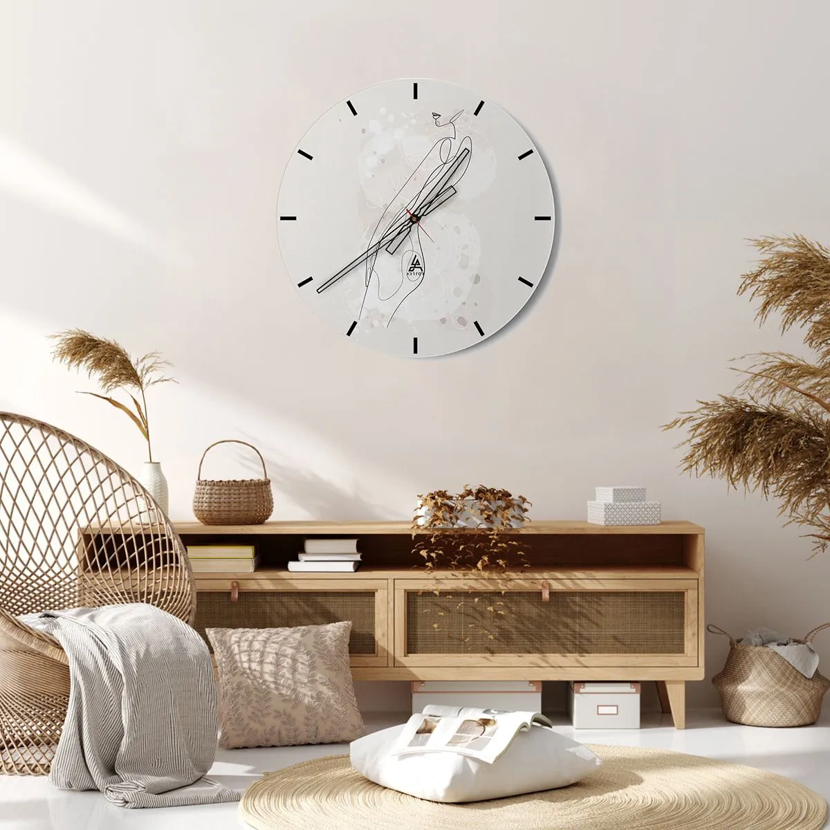Wanduhr - Glasuhr - Eine minimalistische Silhouette einer Frau, gezeichnet mit einer dünnen Linie auf hellem Hintergrund. - 30x30cm - Der Blick schweift - Moderne Wanddekoration für Wohnzimmer, Küche und Schlafzimmer ARTTOR