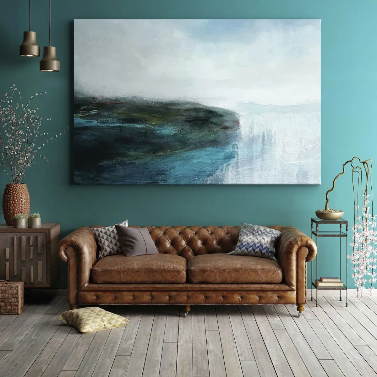 Bild auf Leinwand - Leinwandbild - Abstrakte Landschaft in Türkis- und Grautönen - 100x70cm - Nautische Abstraktion - Moderne Wanddekoration für Wohnzimmer und Schlafzimmer ARTTOR