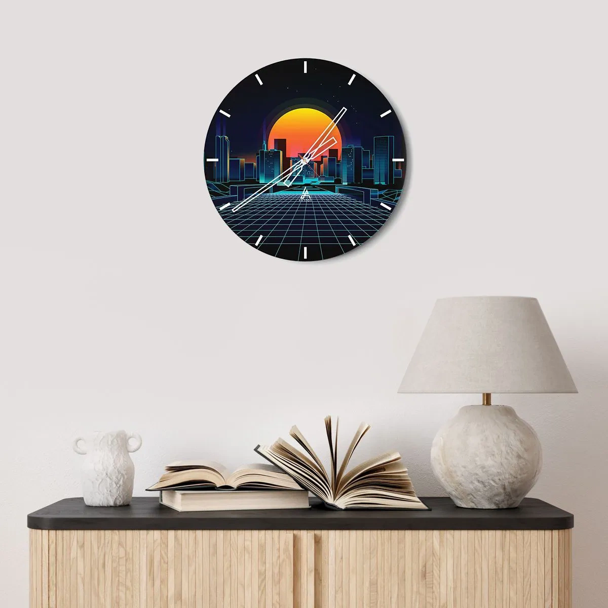 Wanduhr - Glasuhr - Retro-futuristisches Stadtbild mit Neonlichtern und Sonnenuntergang - 30x30cm - Willst du immer noch zu Real gehen? - Moderne Wanddekoration für Wohnzimmer, Küche und Schlafzimmer ARTTOR