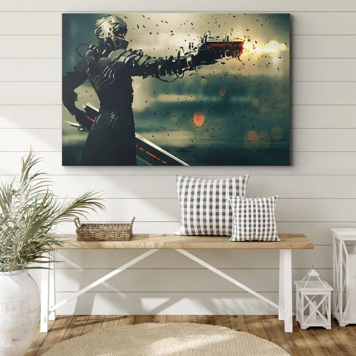 Bild auf Leinwand - Leinwandbild - Kybernetischer Krieger mit futuristischen Waffen - 100x70cm - Tödliche Waffe - Dein ganz eigener Terminator - Moderne Wanddekoration für Wohnzimmer und Schlafzimmer ARTTOR