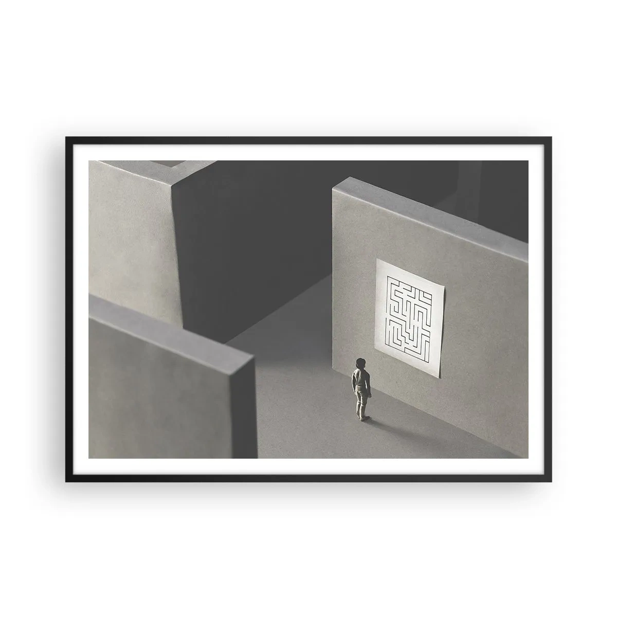 Poster in einem schwarzem Rahmen - Eine Figur in einem Labyrinth, die auf eine hängende Karte schaut - 100x70cm - Aber wo bin ich? - Moderne Wanddekoration für Wohnzimmer und Schlafzimmer ARTTOR