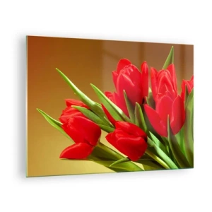 Glasbild - Bild auf glas - Ein Strauß roter Tulpen auf goldenem Hintergrund - 70x50cm - Ein Haufen Frühlingsfreude - Moderne Wanddekoration für Wohnzimmer und Schlafzimmer ARTTOR