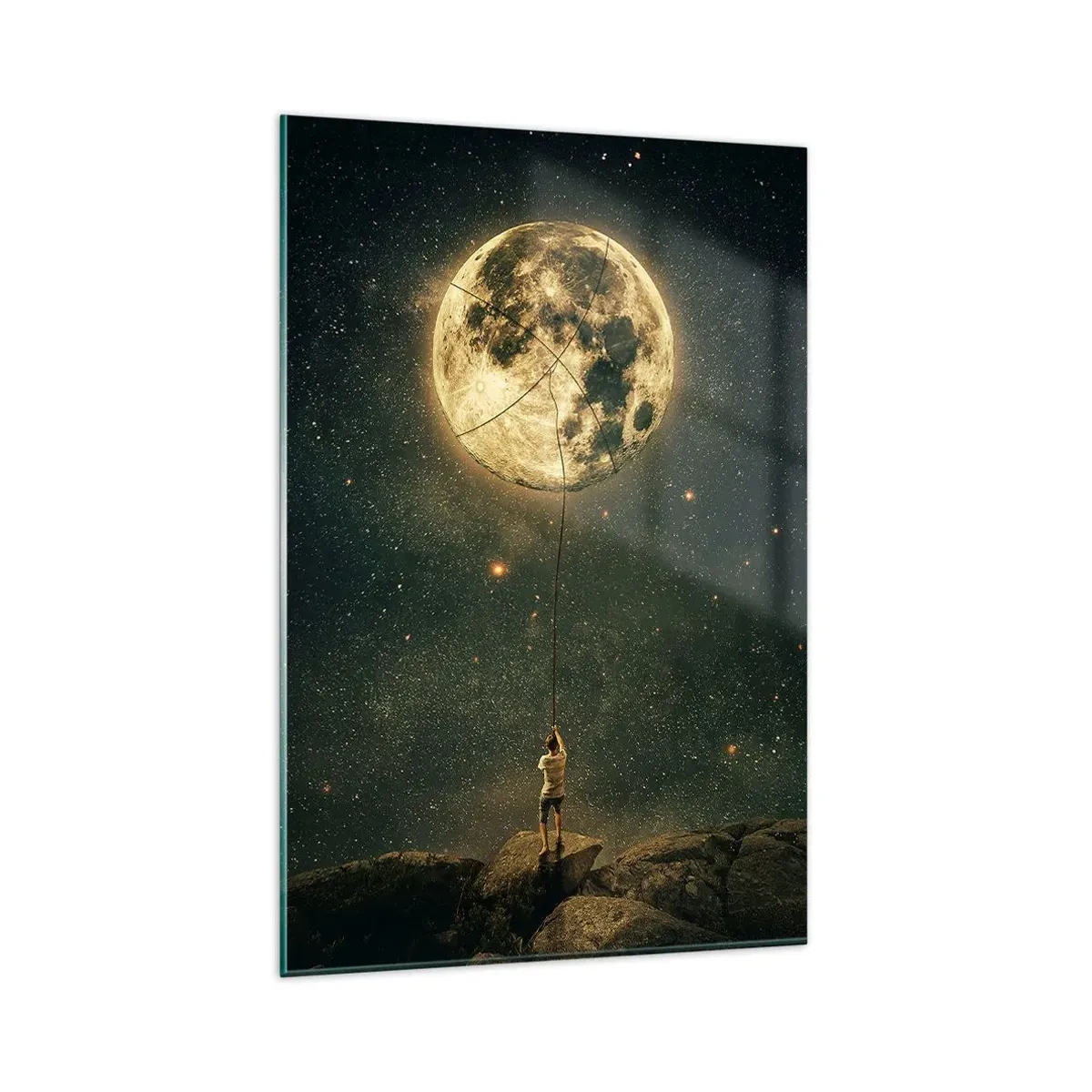 Glasbild - Bild auf glas - Mann mit dem Mond vor dem Sternenhimmel - 80x120cm - Der Mann, der den Mond gestohlen hat - Moderne Wanddekoration für Wohnzimmer und Schlafzimmer ARTTOR