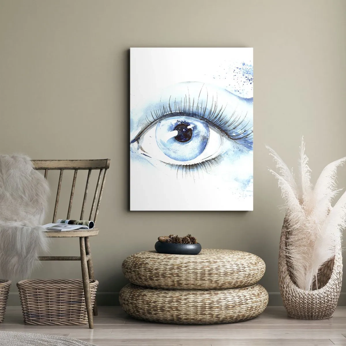 Bild auf Leinwand - Leinwandbild - Künstlerisches Aquarell eines Auges mit einer dynamischen Welle - 50x70cm - Tauchen Sie ein in das Blau der Blicke - Moderne Wanddekoration für Wohnzimmer und Schlafzimmer ARTTOR