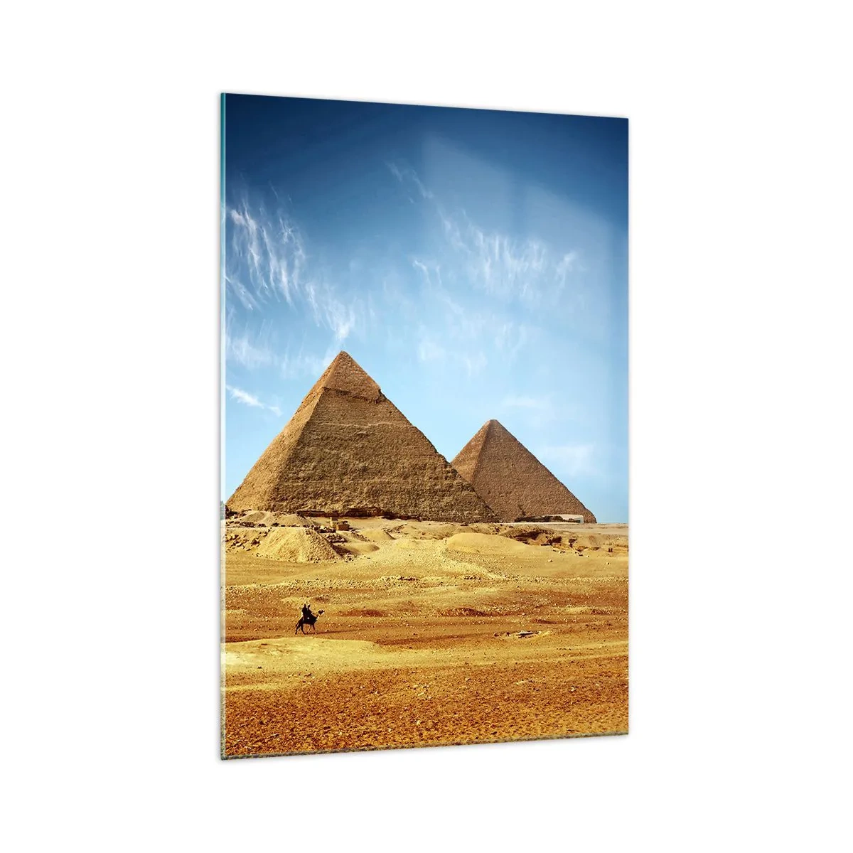 Glasbild - Bild auf glas - Die Pyramiden von Gizeh vor blauem Himmel und Wüstenlandschaft - 70x100cm - 40 Jahrhunderte schauen dich an - Moderne Wanddekoration für Wohnzimmer und Schlafzimmer ARTTOR