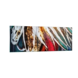 Glasbild - Bild auf glas - Nahaufnahme von mehrfarbigen Federn in leuchtenden, intensiven Farben - 140x50cm - Geheimnisse des Fliegens - Moderne Wanddekoration für Wohnzimmer und Schlafzimmer ARTTOR