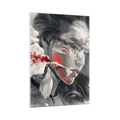 Glasbild - Bild auf glas - Porträt einer Frau mit abstrakten rot-weißen Mustern - 50x70cm - Im Dunst der Absurdität - Moderne Wanddekoration für Wohnzimmer und Schlafzimmer ARTTOR