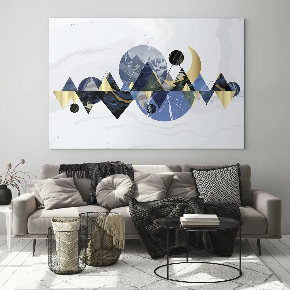 Glasbild - Bild auf glas - Abstrakte geometrische Figuren in Marineblau- und Goldtönen - 70x50cm - Geometrische Landschaft - Moderne Wanddekoration für Wohnzimmer und Schlafzimmer ARTTOR