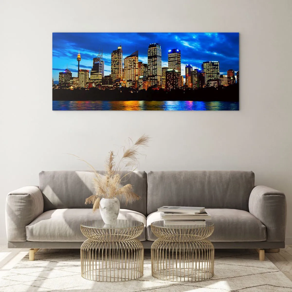 Glasbild - Bild auf glas - Panorama der nächtlichen Stadt mit beleuchteten Wolkenkratzern über dem Wasser - 160x50cm - Eine Nacht der Lichter und Farben - Moderne Wanddekoration für Wohnzimmer und Schlafzimmer ARTTOR