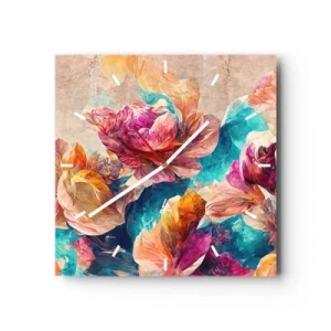 Wanduhr - Glasuhr - Bunte Blumen auf beigem Hintergrund - 30x30cm - Farbenpracht des Straußes - Moderne Wanddekoration für Wohnzimmer und Schlafzimmer ARTTOR