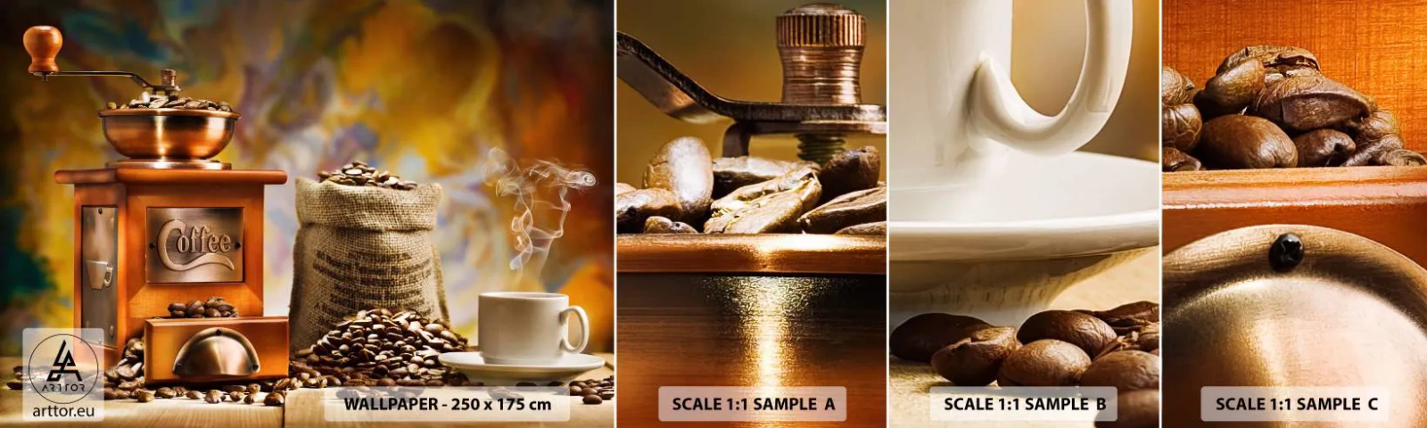 Fototapetenmuster Standard Eco - Das Knirschen der Körner, das Rasseln einer Mühle - Gastronomie, Kaffee, Kaffeemühle - 100x30 cm