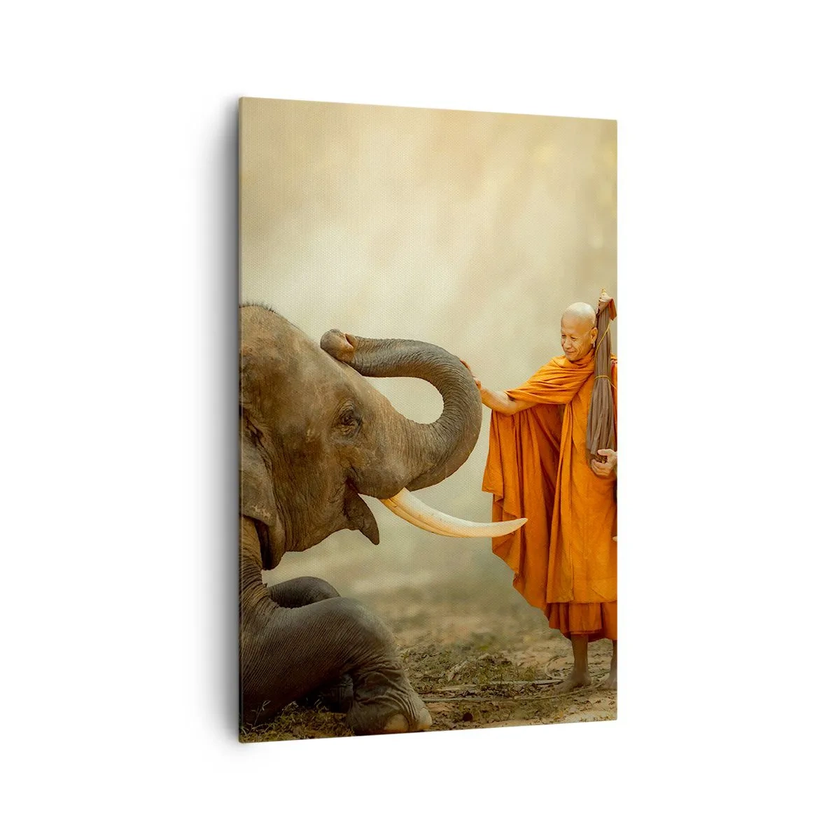 Bild auf Leinwand - Leinwandbild - Ein Mönch und ein Elefant in Harmonie vor der Kulisse der Natur - 80x120cm - Treffen unterwegs - Moderne Wanddekoration für Wohnzimmer und Schlafzimmer ARTTOR