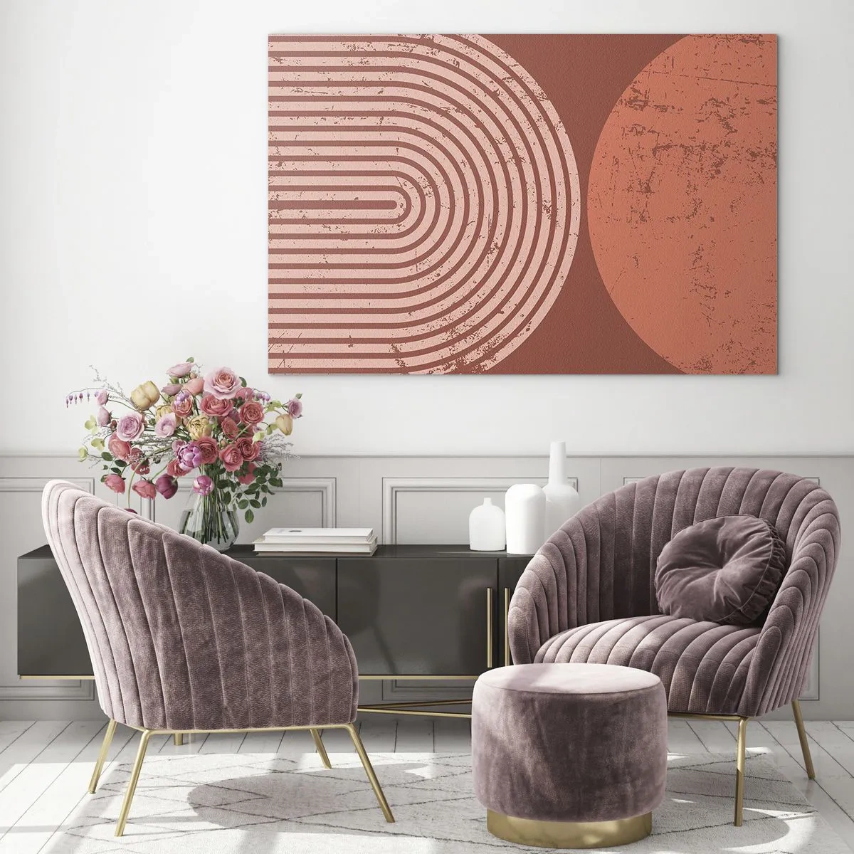 Glasbild - Bild auf glas - Geometrische rostfarbene Grafik mit einem Halbkreis und einem Kreis - 70x50cm - Enge Beziehung - Moderne Wanddekoration für Wohnzimmer und Schlafzimmer ARTTOR