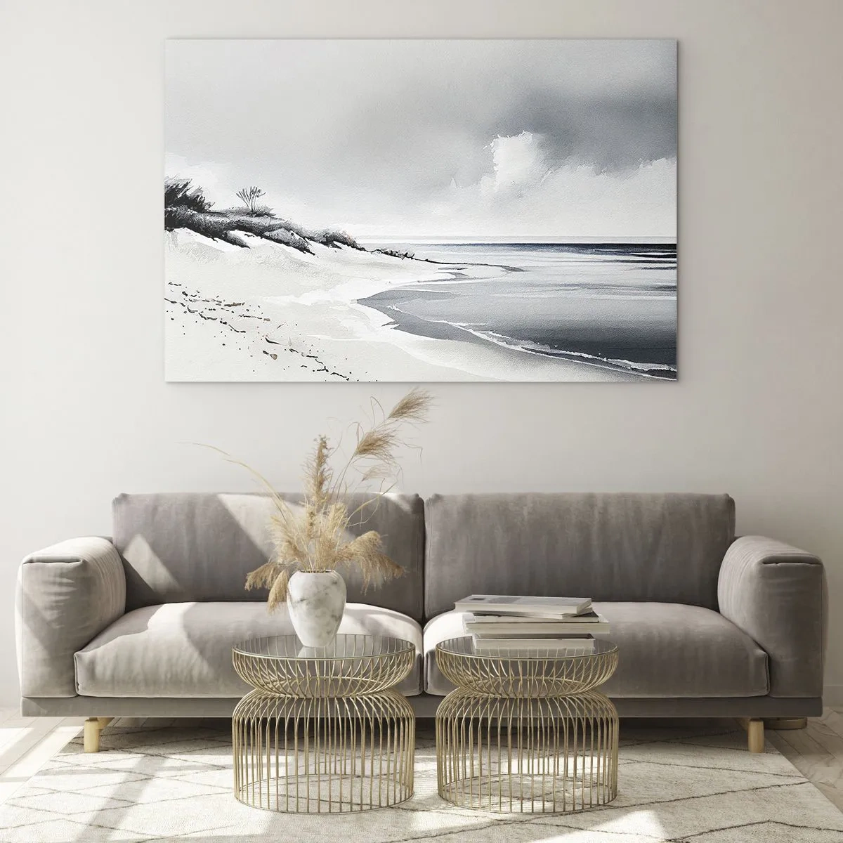 Glasbild - Bild auf glas - Schwarz-weißer Strand mit Horizont und ruhigem Meer - 70x50cm - Für immer zusammen - Moderne Wanddekoration für Wohnzimmer und Schlafzimmer ARTTOR