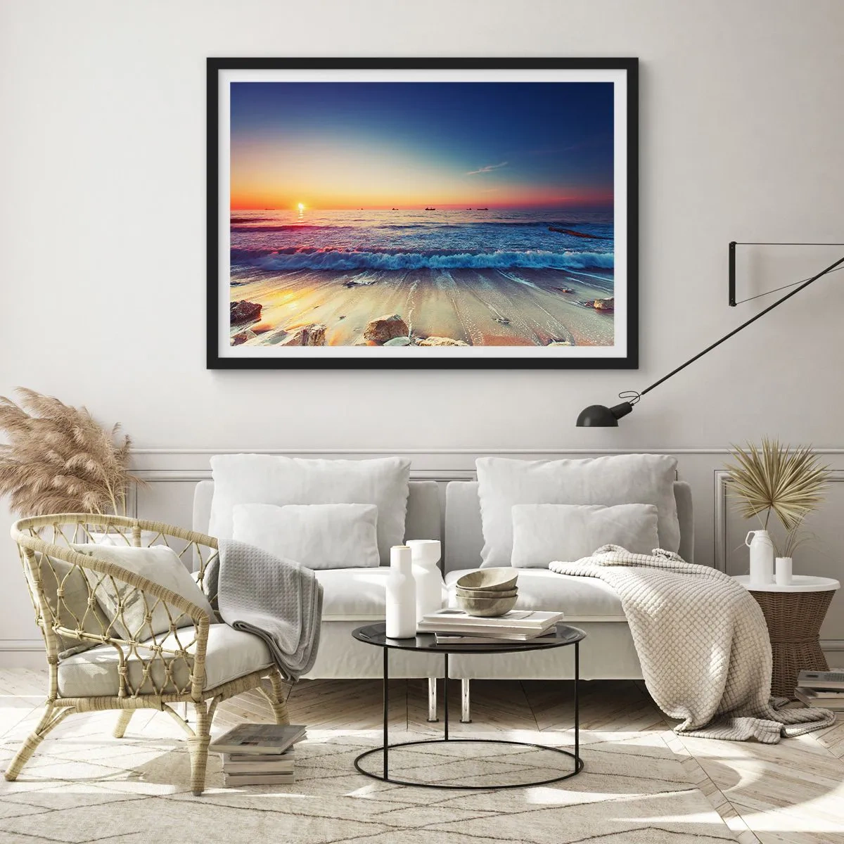 Poster in einem schwarzem Rahmen - Sonnenuntergang über einem ruhigen Meer mit Wellen - 70x50cm - Was ist mit dem Horizont? - Moderne Wanddekoration für Wohnzimmer und Schlafzimmer ARTTOR
