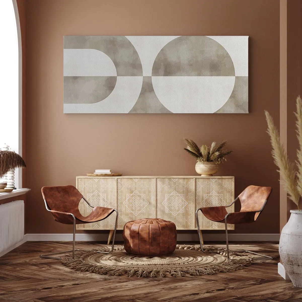 Bild auf Leinwand - Leinwandbild - Ein abstraktes Gemälde in Beigetönen mit geometrischen Formen und Symmetrie. - 160x50cm - Ähnlichkeiten und Unterschiede - Moderne Wanddekoration für Wohnzimmer und Schlafzimmer ARTTOR
