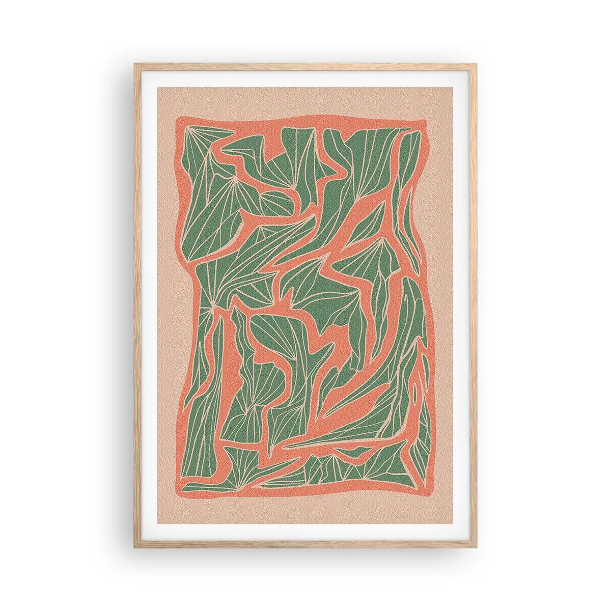 Poster in einem Rahmen aus heller Eiche - Kampf zwischen Korallen und Grün - 70x100 cm