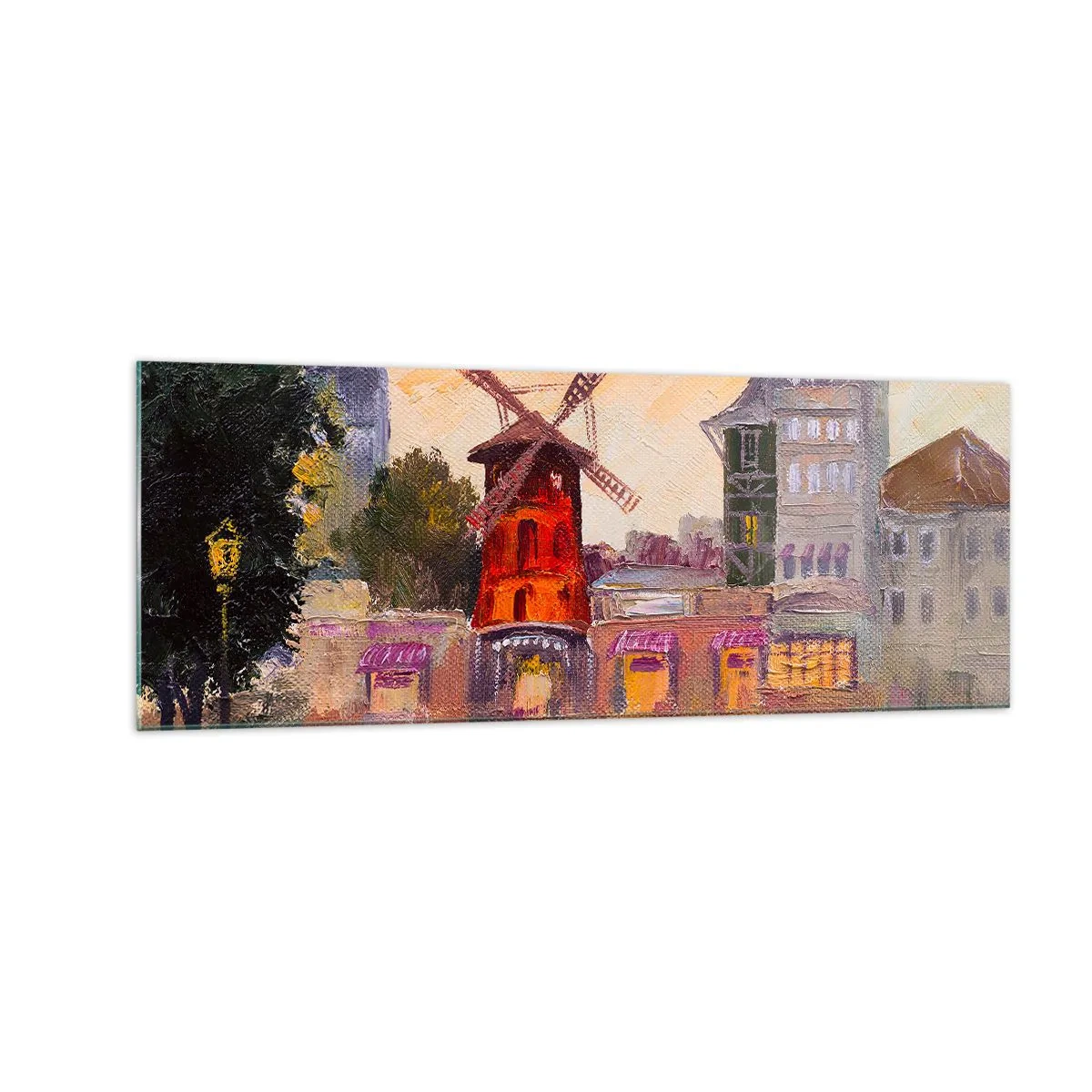 Glasbild - Bild auf glas - Die rote Windmühle des Moulin Rouge, umgeben von der Stadtlandschaft - 140x50cm - Pariser Ikonen – Moulin Rouge - Moderne Wanddekoration für Wohnzimmer und Schlafzimmer ARTTOR