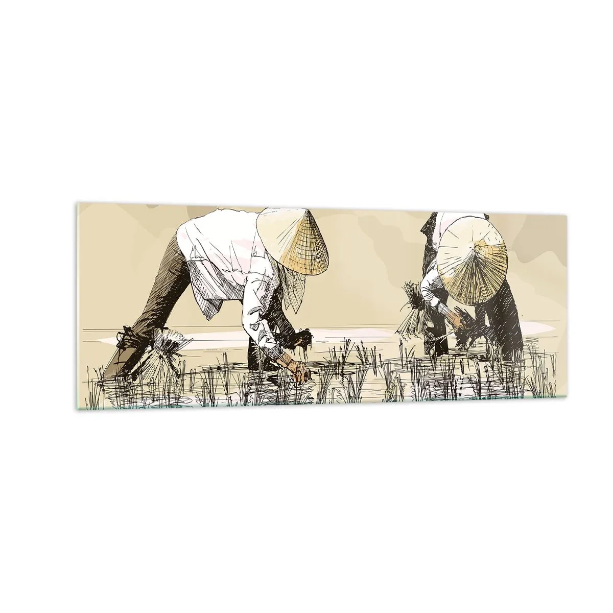 Glasbild - Bild auf glas - Bauern bei der Arbeit auf einem Reisfeld mit traditioneller Kopfbedeckung - 140x50cm - Erfolgreiche Ernte - Moderne Wanddekoration für Wohnzimmer und Schlafzimmer ARTTOR