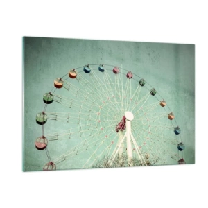 Glasbild - Bild auf glas - Ein buntes Riesenrad vor einem pastellgrünen Hintergrund - 120x80cm - Wir laden zum Spiel ein - Moderne Wanddekoration für Wohnzimmer und Schlafzimmer ARTTOR