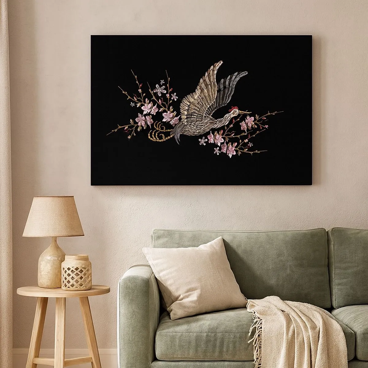 Bild auf Leinwand - Leinwandbild - Ein Vogel im Flug mit Blumen auf schwarzem Hintergrund - 70x50cm - Exotischer gestickter Vogel - Moderne Wanddekoration für Wohnzimmer und Schlafzimmer ARTTOR