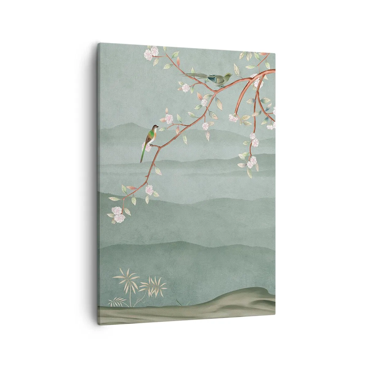 Bild auf Leinwand - Leinwandbild - Ein malerisches Bild eines blühenden Baumzweigs mit Vögeln vor dem Hintergrund grüner Hügel. - 50x70cm - Frühling, oh, du bist es - Moderne Wanddekoration für Wohnzimmer und Schlafzimmer ARTTOR