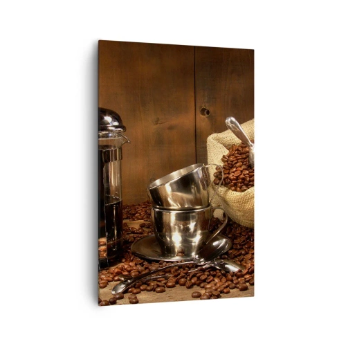 Bild auf Leinwand - Leinwandbild - French Press, Tassen und eine Tüte Kaffee auf einem hölzernen Hintergrund - 80x120cm - Der Charme des Kaffees - Aroma und Geschmack - Moderne Wanddekoration für Wohnzimmer und Schlafzimmer ARTTOR