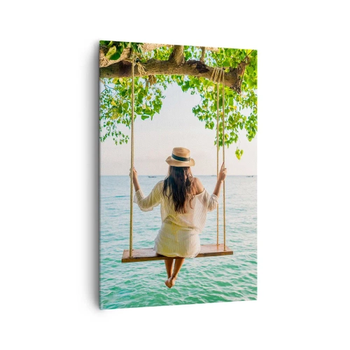 Bild auf Leinwand - Leinwandbild - Frau auf einer Schaukel am Meer in einer tropischen Landschaft - 80x120cm - Das Leben ist wunderschön - Moderne Wanddekoration für Wohnzimmer und Schlafzimmer ARTTOR