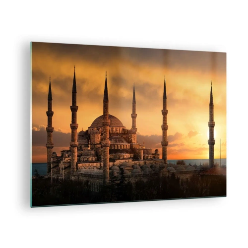 Glasbild - Bild auf glas - Die Blaue Moschee vor der Kulisse des Sonnenuntergangs - 70x50cm - Gott ist großartig - Moderne Wanddekoration für Wohnzimmer und Schlafzimmer ARTTOR