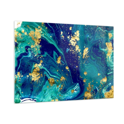 Glasbild - Bild auf glas - Ein abstraktes Muster in Türkis- und Marineblautönen mit goldenen Akzenten - 100x70cm - Die Blütenblätter der Sonne - Moderne Wanddekoration für Wohnzimmer und Schlafzimmer ARTTOR