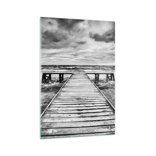 Glasbild - Bild auf glas - Eine Schwarz-Weiß-Ansicht eines Holzstegs über einer stürmischen See. - 70x100cm - Ich warte darauf, dass der Wind wegjagt... - Moderne Wanddekoration für Wohnzimmer und Schlafzimmer ARTTOR