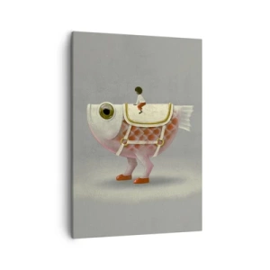 Bild auf Leinwand - Leinwandbild - Ein schicker Fischreiter mit Beinen und Sattel - 50x70cm - Reiter auf einem surrealen Fisch - Moderne Wanddekoration für Wohnzimmer und Schlafzimmer ARTTOR