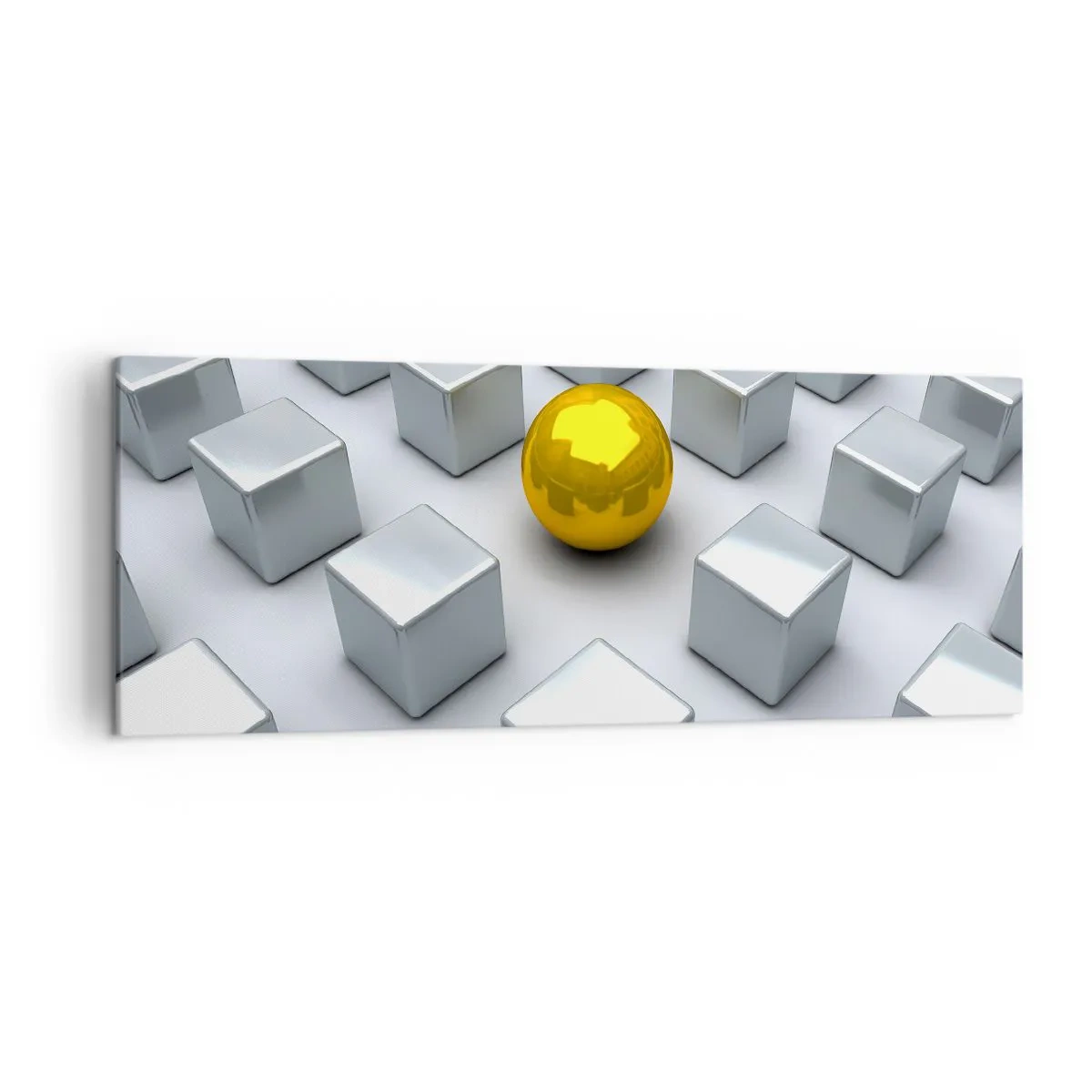 Bild auf Leinwand - Leinwandbild - Eine goldene Kugel, die zwischen den silbernen Würfeln hervorsticht - 140x50cm - Warum ich? Geometrische Zusammensetzung - Moderne Wanddekoration für Wohnzimmer und Schlafzimmer ARTTOR