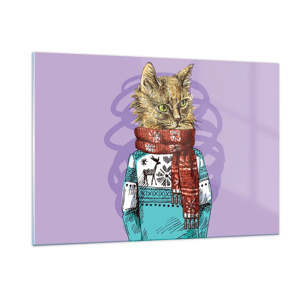 Glasbild - Bild auf glas - Eine Katze in Pullover und Schal auf violettem Hintergrund - 120x80cm - Die Katze nicht nur in Schuhen - Moderne Wanddekoration für Wohnzimmer und Schlafzimmer ARTTOR
