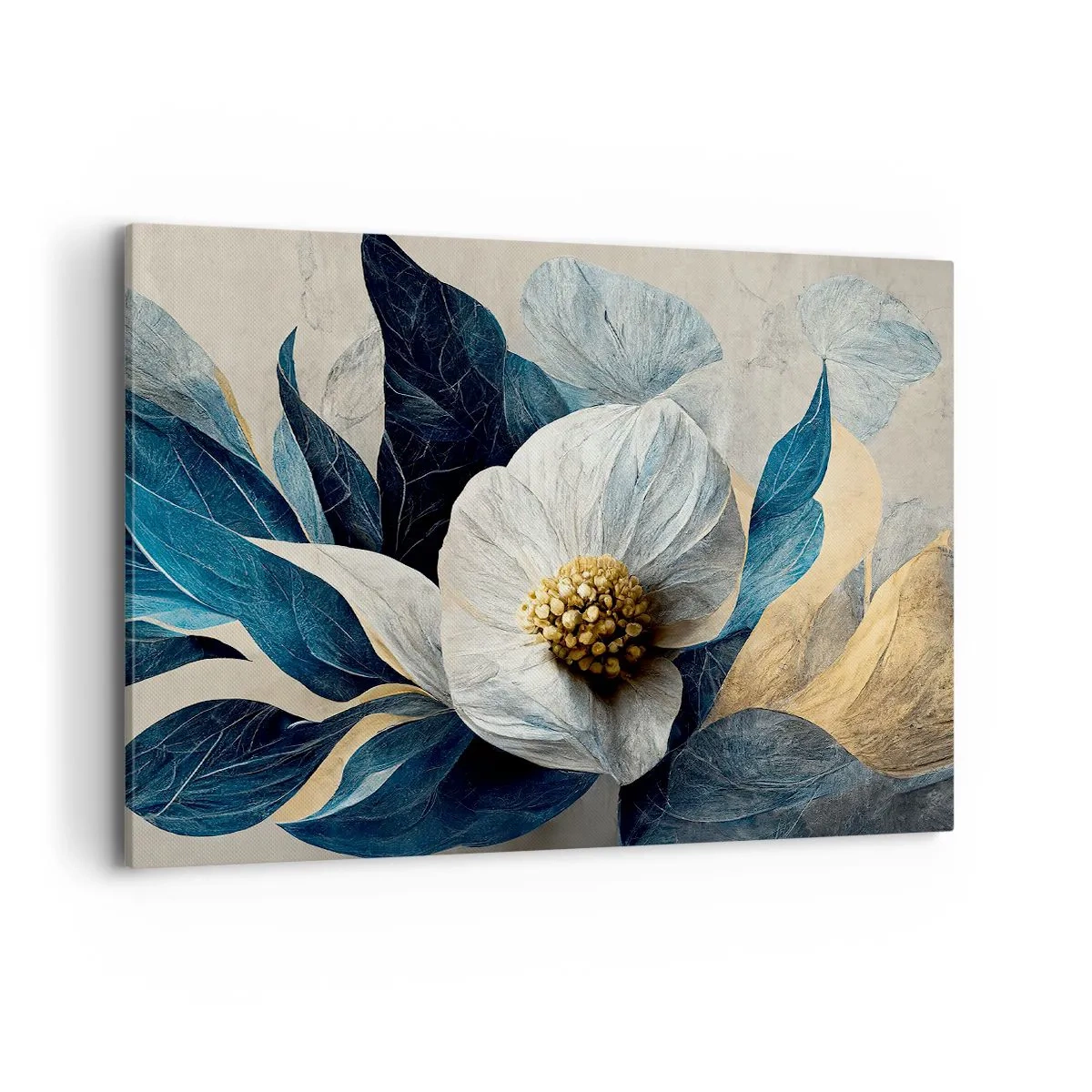 Bild auf Leinwand - Leinwandbild - Eine Blume mit blauen Blättern auf einem eleganten Hintergrund - 100x70cm - Er hat ein Herz aus Gold - Moderne Wanddekoration für Wohnzimmer und Schlafzimmer ARTTOR