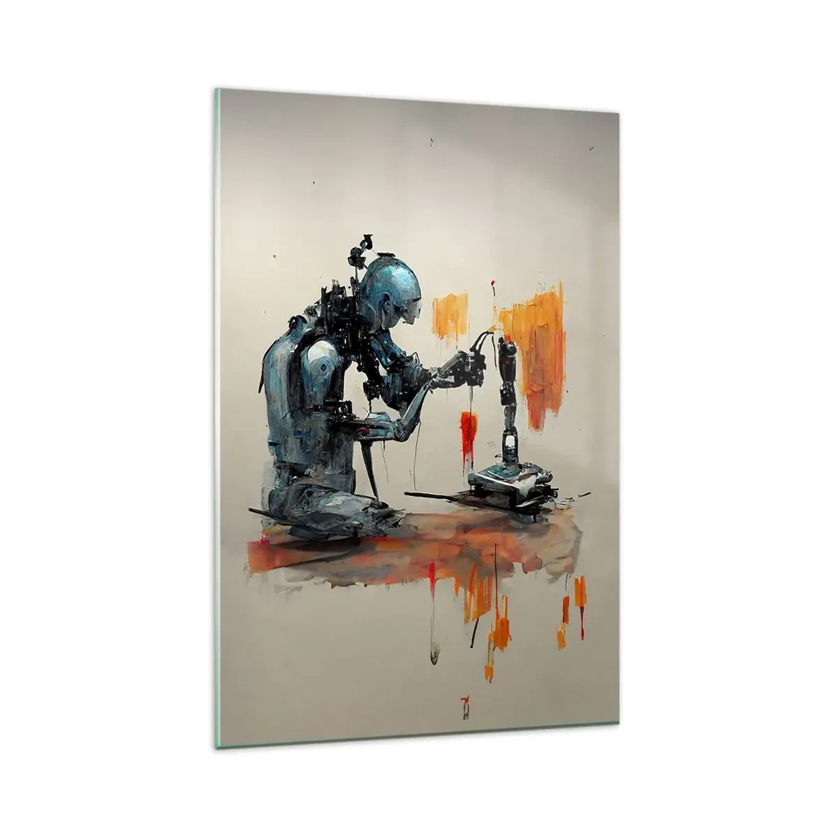 Glasbild - Bild auf glas - Roboter bei der Arbeit mit abstraktem Hintergrund - 80x120cm - Schon morgen… - Moderne Wanddekoration für Wohnzimmer und Schlafzimmer ARTTOR