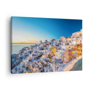Bild auf Leinwand - Leinwandbild - Blick auf eine griechische Stadt bei Sonnenuntergang - 70x50cm - Die Essenz des Griechischen - Moderne Wanddekoration für Wohnzimmer und Schlafzimmer ARTTOR