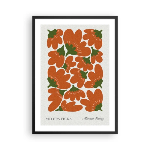 Poster in einem schwarzem Rahmen - Abstrakte orangefarbene Blumen auf hellem Hintergrund - 50x70cm - Aus dem Leben der Blumen - Moderne Wanddekoration für Wohnzimmer und Schlafzimmer ARTTOR