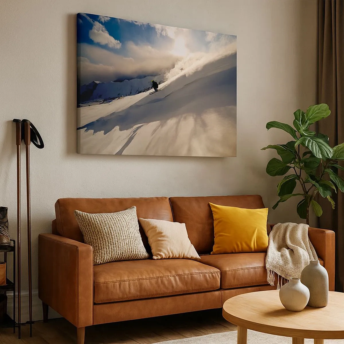 Bild auf Leinwand - Leinwandbild - Ein Skifahrer auf einer Piste, umgeben von Bergen und Schnee - 70x50cm - Bergherausforderung angenommen - Moderne Wanddekoration für Wohnzimmer und Schlafzimmer ARTTOR