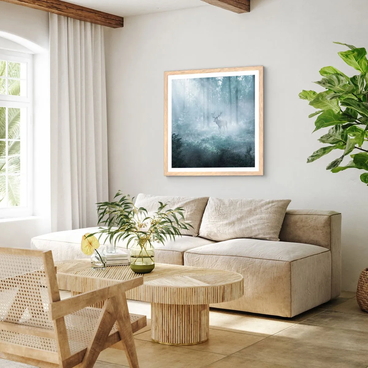 Poster in einem Rahmen aus heller Eiche - Morgenvisite auf dem Grundstück - 60x60 cm