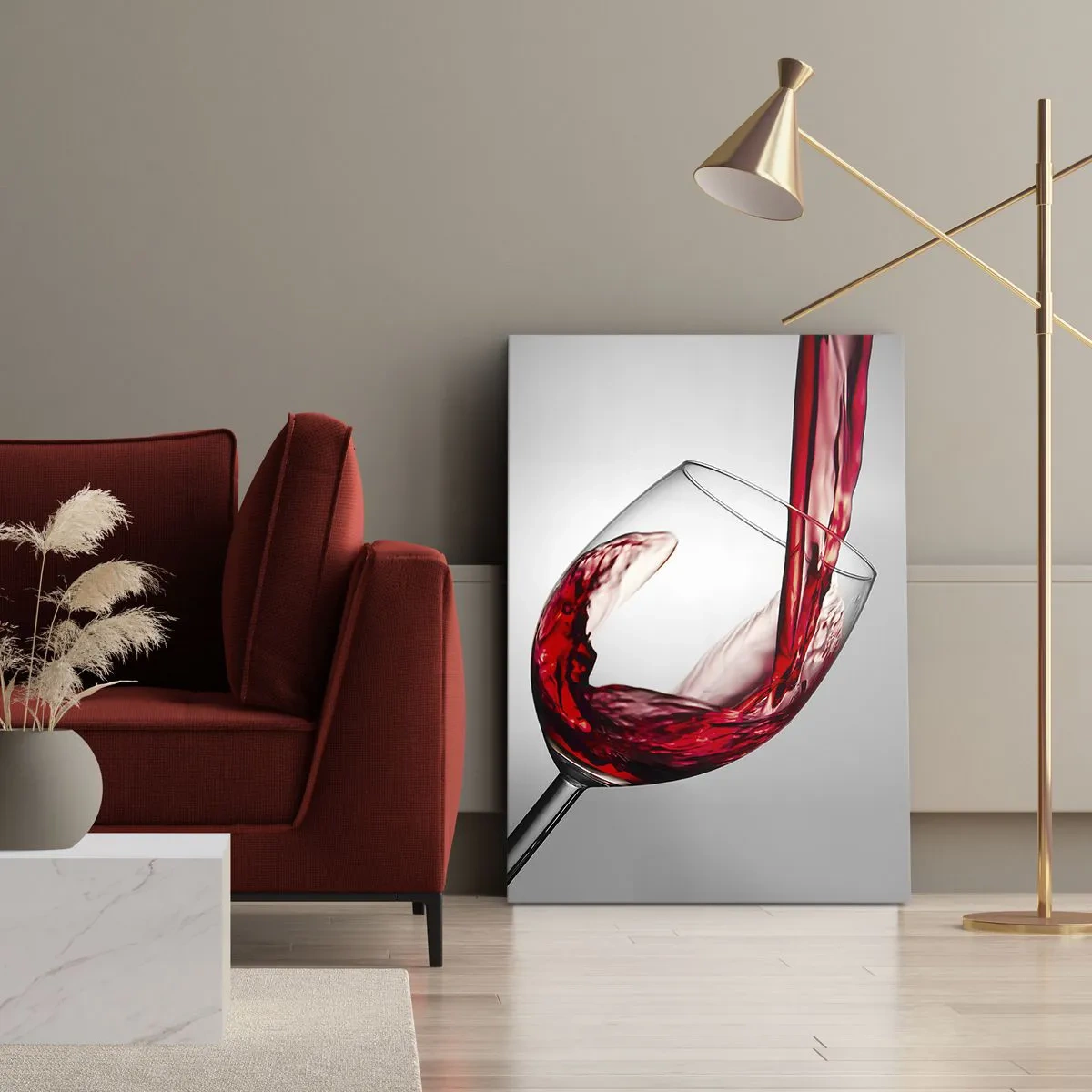 Bild auf Leinwand - Leinwandbild - Ein Glas Rotwein wird vor hellem Hintergrund eingeschenkt - 70x100cm - Farbe – Bewegung – Klang - Moderne Wanddekoration für Wohnzimmer und Schlafzimmer ARTTOR