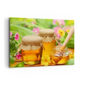 Bild auf Leinwand - Leinwandbild - Honiggläser mit Blumen vor dem Hintergrund eines Sommergartens - 100x70cm - Süß und blumig - Moderne Wanddekoration für Wohnzimmer und Schlafzimmer ARTTOR